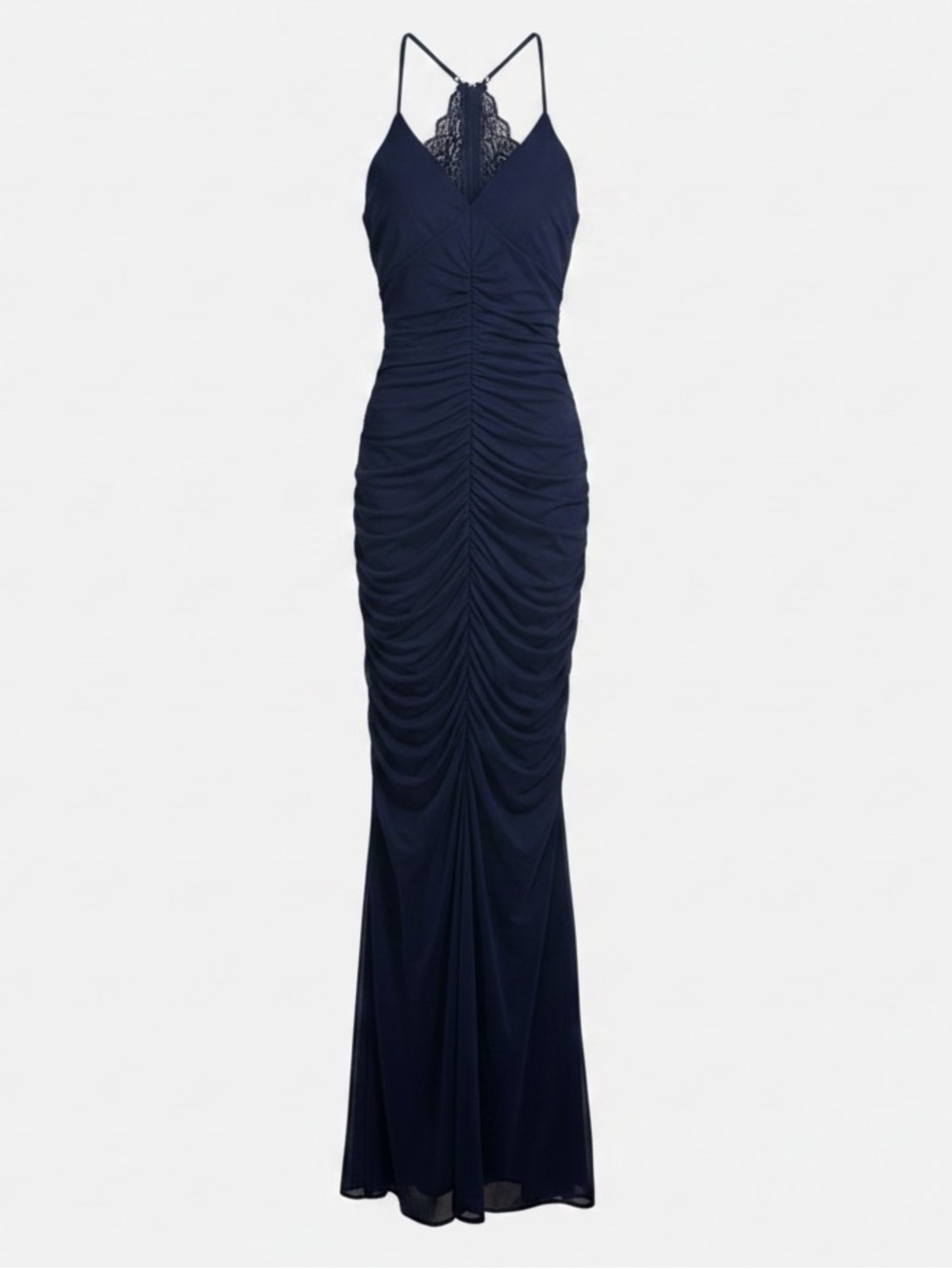 Women's Navy Mermaid Lace-Back Ruched Maxi Dress szM